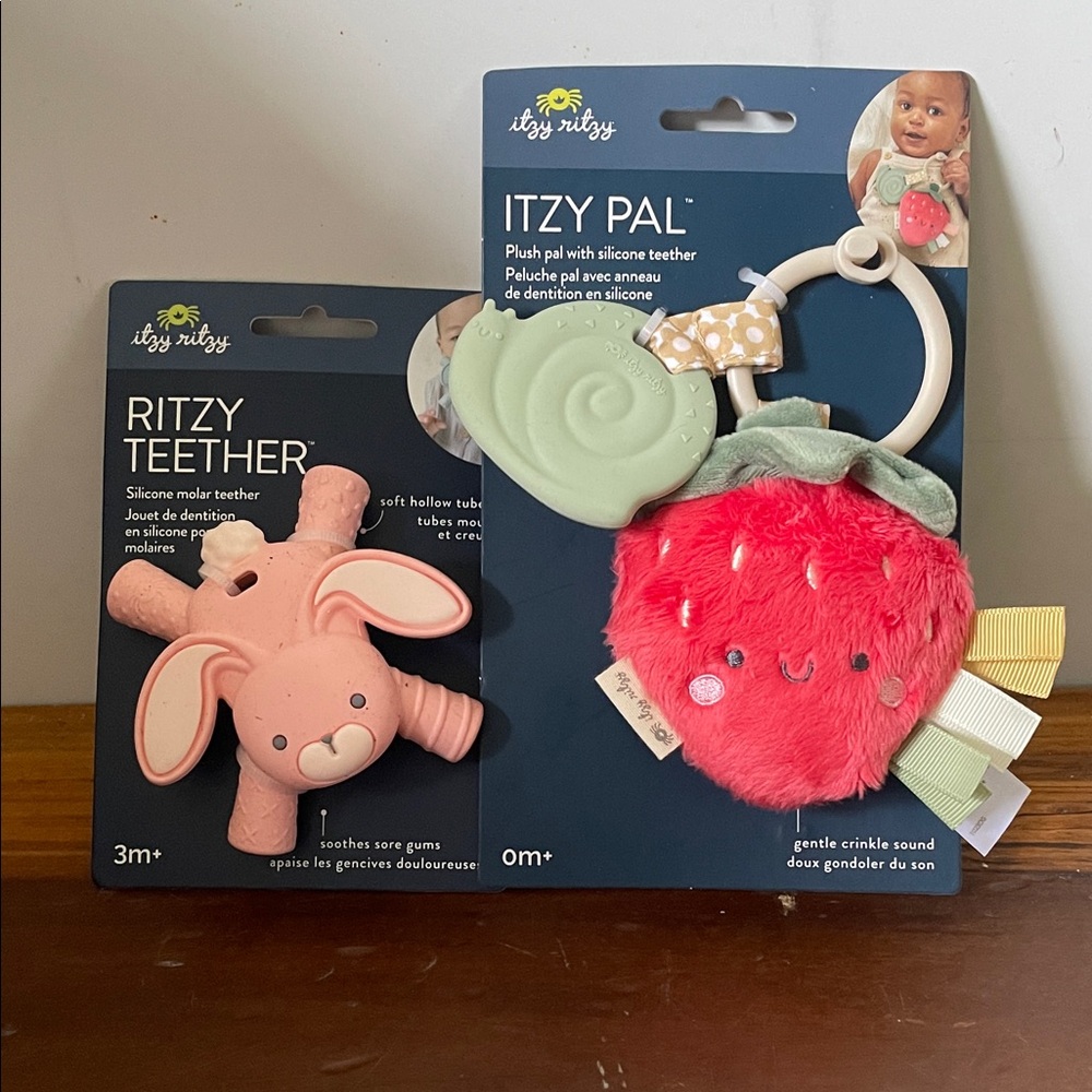 🎉New! TWO Itzy Ritzy Pink Bunny Teether and Red Strawberry Plush Set!